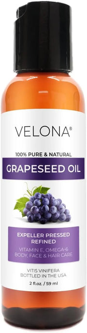 Grapeseed Oil by Velona - 2 fl oz | 100% Pure and Natural Carrier Oil | Refined, Cold Pressed | Cooking, Skin, Face, Body,...