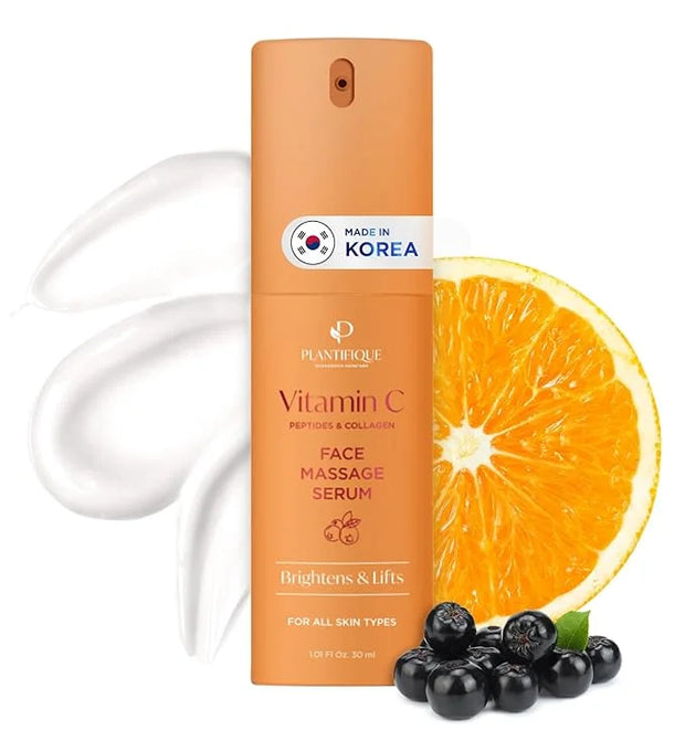 PLANTIFIQUE Korean Vitamin C Face Massage Serum and Gold Under Eye Patches for Puffy Eyes and Dark Circles 5 Pairs - Produ...