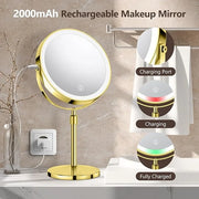 10X Large Lighted Makeup Mirror, Rechargeable 8" Height Adjustable Vanity Mirror, 1x/10x Magnifying Mirror with 3 Color, B...