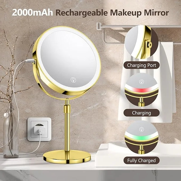 10X Large Lighted Makeup Mirror, Rechargeable 8" Height Adjustable Vanity Mirror, 1x/10x Magnifying Mirror with 3 Color, B...