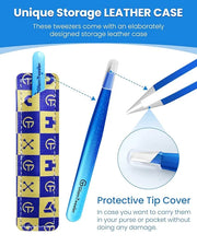 Expert Slant Tip Tweezers with Leather Travel Case, GlamTweeler Sharp & Precision Stainless Steel Tweezer for Eyebrows, Fa...