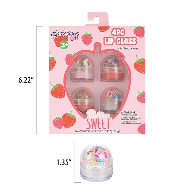 EXPRESSIONS 4pc Lip Gloss with Confetti Top – Berry Sweet Fruity Flavored Lip Gloss For Girls, Safe and Non-Toxic Confetti...