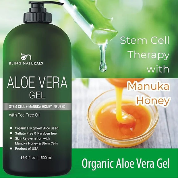 Aloe vera Gel - from 100% Pure Organic Aloe Infused with Manuka Honey, Stem Cell, Tea Tree Oil - Natural Raw Moisturizer f...