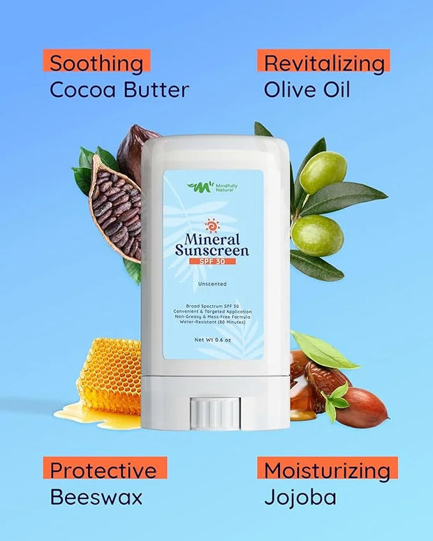 Natural Sunscreen Stick SPF 30 Broad Spectrum Mineral Sunblock for Face & Sensitive Skin - Zinc Oxide 18% Sun Screen Stick...