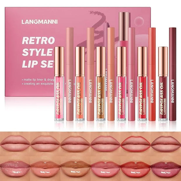 LANGMANNI 6 Matte Lip Liner With 6 Nourishing Lip Oil Lip Gloss Set, Long-Lasting And Hydrating 2 IN 1 Makeup Set, Beauty ...