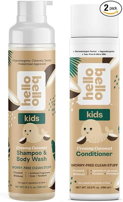 Hello Bello Creamy Coconut Shampoo & Body Wash - 10 oz + Conditioner - Gentle Hypoallergenic, pH-Balanced, Vegan, and Derm...