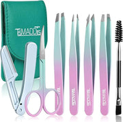 TsMADDTs 7PCS Tweezers for Women Facial Hair, Precision Tweezer Set for Eyebrows with Curved Scissor and Eyebrow Razor for...