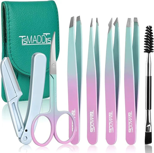 TsMADDTs 7PCS Tweezers for Women Facial Hair, Precision Tweezer Set for Eyebrows with Curved Scissor and Eyebrow Razor for...