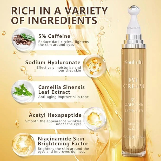 Soulight 5% Caffeine Eye Serum for Dark Circles, Puffiness & Wrinkles - Brightening Under Eyes Treatment with Hyaluronic A...