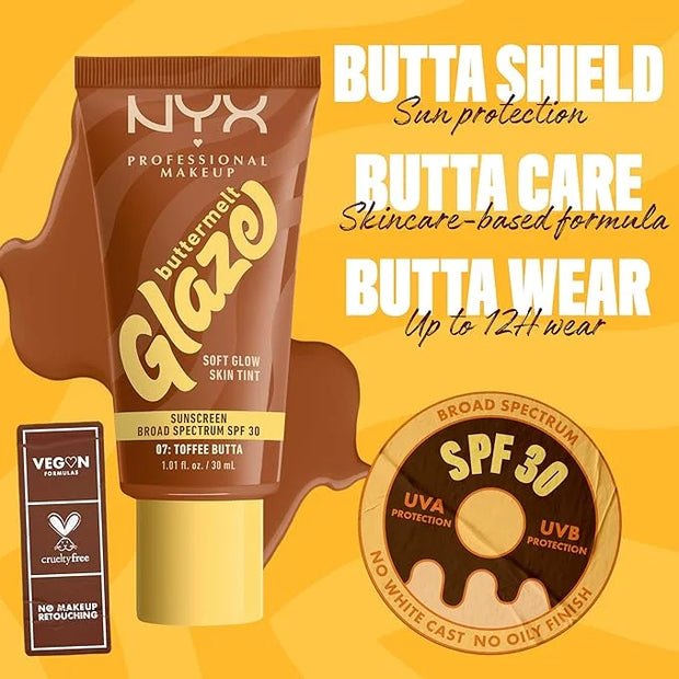 NYX PROFESSIONAL MAKEUP Buttermelt Glaze Soft Glow Skin Tint + SPF 30, Up To 12HR Wear, 07 Toffee Butta - Product Image