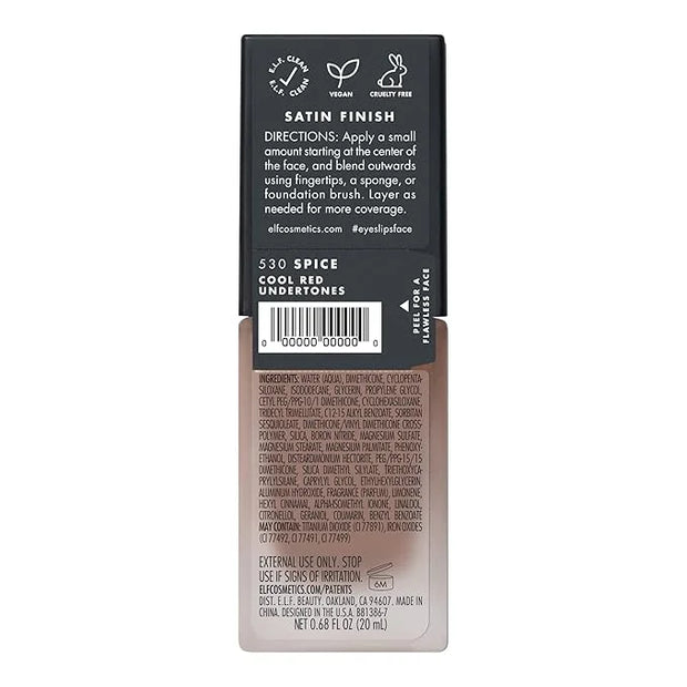 e.l.f. Flawless Satin Foundation, Lightweight & Medium Coverage, Semi-Matte Finish, Vegan & Cruelty-Free, Spice, 0.68 Fl O...