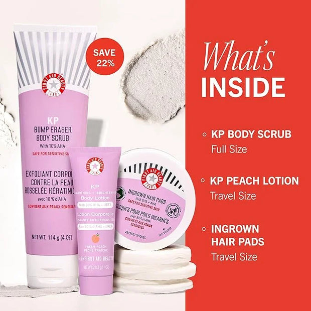 First Aid Beauty Soft + Smooth Starter Body Kit: KP Bump Eraser Body Scrub, 4 oz, Smoothing + Brightening Lotion (Peach), ...