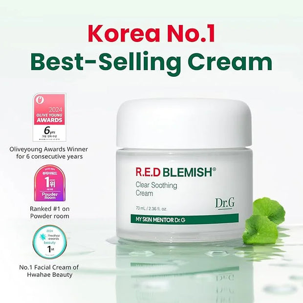Dr.G Red Blemish Clear Soothing Korean Moisturizer Face Cream, 70ml - Cica Cream, Korean Skin Care Moisturizer, Korean Fac...