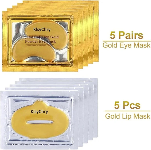 24K Gold Gel Crystal Collagen Lip and Eye Mask, 5 Pairs Gold Eye Mask Pads and 5 Pcs Gold Lip Patches for Moisturizing, An...