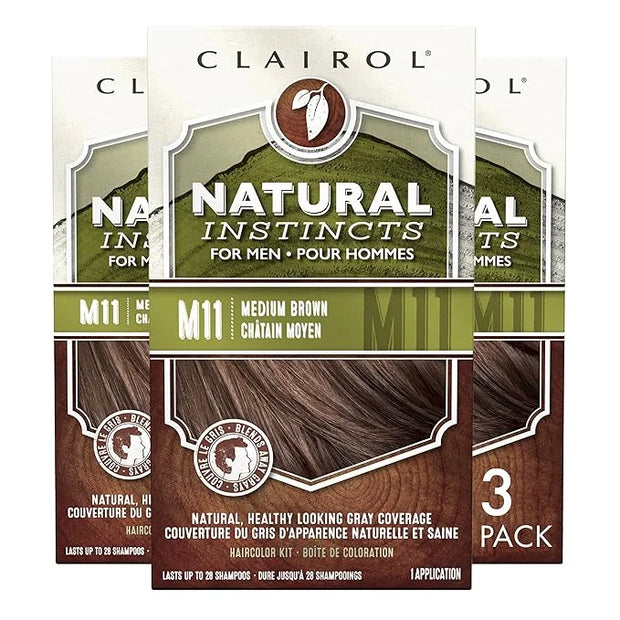Clairol Natural Instincts Semi-Permanent Hair Dye for Men, M11 Medium Brown Hair Color, Pack of 3 - Product Image
