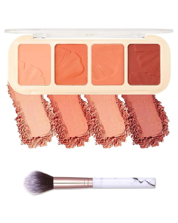 Matte Face Blush Palette Kit with Brush-4 Colors Pink Purple Orange Silky Mineral Blendable Blusher Contour Powder for Che...