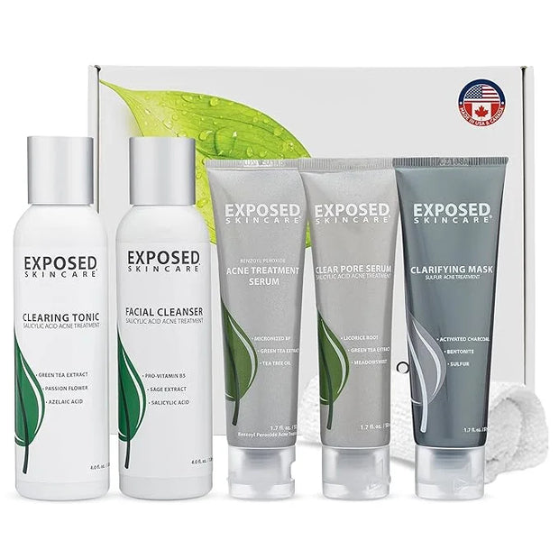 Exposed Skin Care Acne Treatment Kit - Includes Facial Cleanser, Clearing Tonic, Acne Treatment Serum, Clear Pore Serum, C...