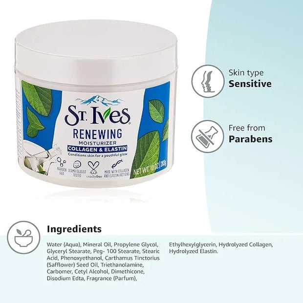 St. Ives Face Moisturizer Cream, Collagen and Elastin, Renewing Facial Moisturizer for Women, Paraben Free, Dermatologist ...