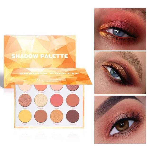 Glitter Matte Orange Yellow Eyeshadow Palette, 12 Colors Shimmer High Pigmented Eyeshadow Makeup Palette Lasting Waterproo...