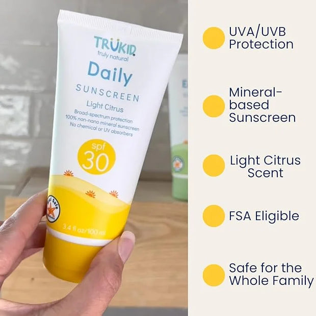 TruKid Daily SPF30 Face Sunscreen Citrus 3.4oz Baby Sunscreen, Natural Ingredients Kids Sunscreen, Reef-Friendly Travel Si...