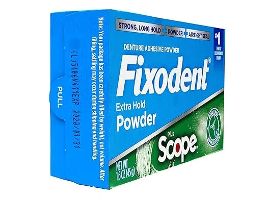 Fixodent Denture Adhesive Powder, Extra Strong, Plus Scope, Strong, Long Hold Powder, Airtight Seal, 1.6 OZ, Pack of 3 - P...