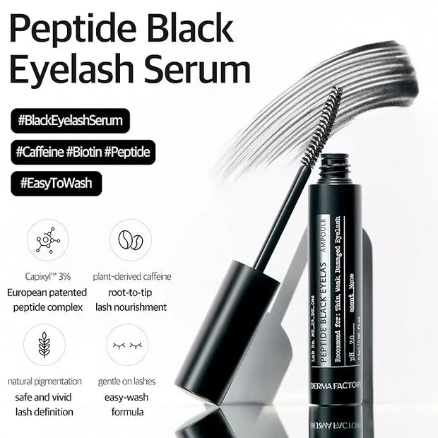 Derma Factory Peptide Eyelash Ampoule – Black Tinting Lash Growth Serum for Thin, Weak & Damaged Lashes – Volumizing Pepti...