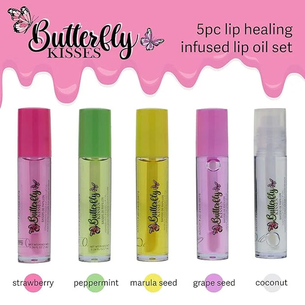 5pc Lip Oil Set - Butterfly Kisses Lip Oils, Lip Healing Lip Oil Collection with Precision Applicator Wand for Everyday Li...