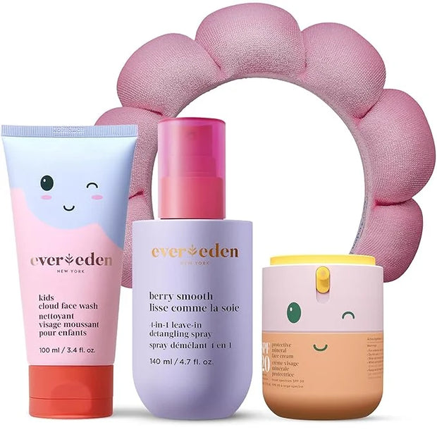 Evereden Kids Morning Skincare Set – Cloud Face Wash, SPF 20 Daily Face Cream, Hair Spray & Headband – 4-Piece Clean Routi...