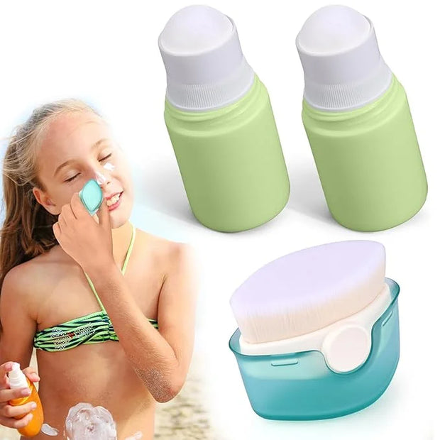 3 PCS Sunscreen Applicator for Kids, Soft Sunblock Brush + 2 PCS Empty Roller Ball Container for Sunscreen Lotion, Sunscre...