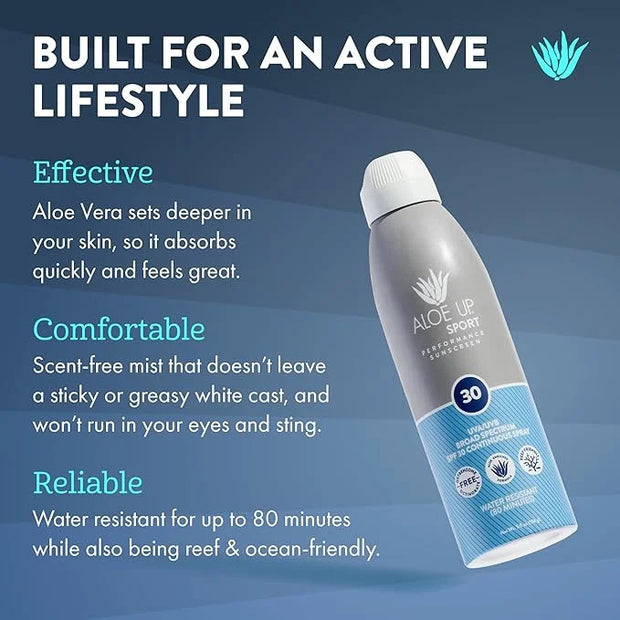 Aloe Up Sport Continuous Spray Sunscreen SPF 30 - Broad Spectrum UVA/UVB Sunscreen Protector for Face and Body - With Aloe...