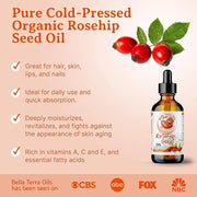 Bella Terra Oils Organic Rosehip Oil for Face, Pure Cold-Pressed Rose Hip Seed Oil for Skin & Hair, Natural Moisturizer & ...