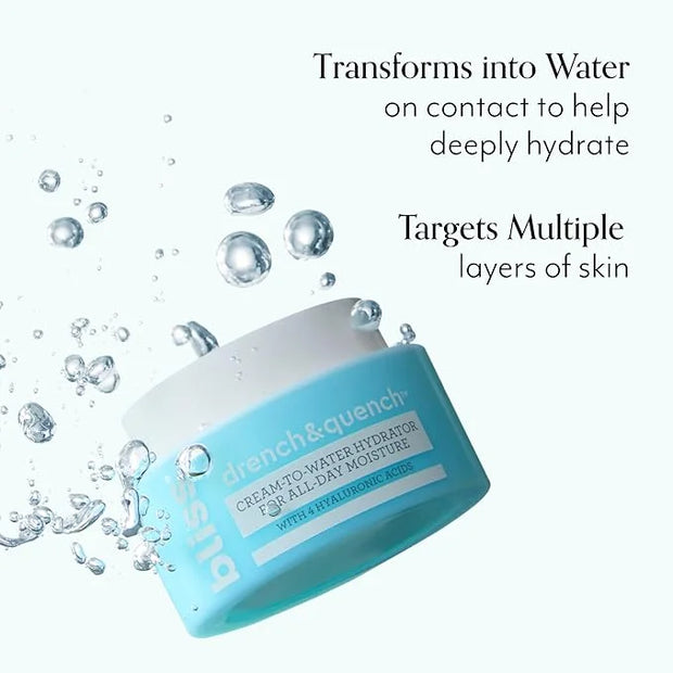 Bliss Drench & Quench Hyaluronic Acid Moisturizer | Cream to Water Face Cream| Deep Hydration, Plumps Skin | Clean Vegan &...