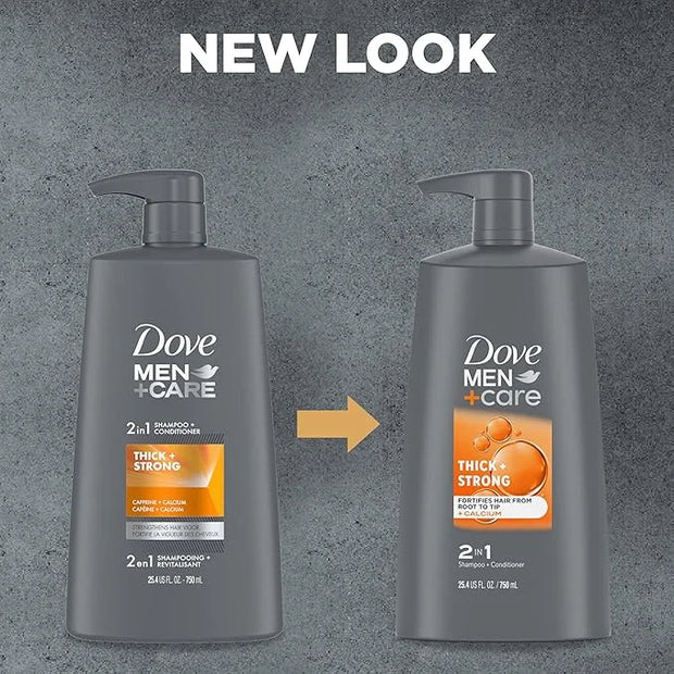DOVE MEN+ CARE 2-in-1 Shampoo + Conditioner Thick + Strong 4 count for Fortifying Hair from Root to Tip, with Calcium, 25....