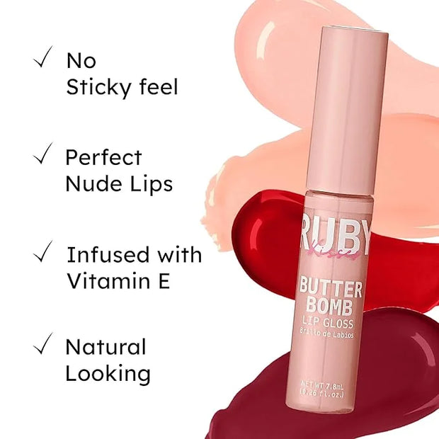 Ruby Kisses Lip Gloss Butter Bomb Gloss Non-Sticky Lip Gloss Vitamin E Natural Nude Lip Makeup - 7.8mL (0.26 US fl.oz) (Fa...