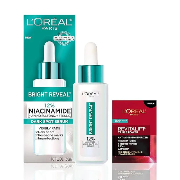 L’Oréal Paris Bright Reveal 12% [Niacinamide + Amino Sulfonic + Ferulic] Dark Spot Serum 1oz + Moisturizer Sample - Produc...