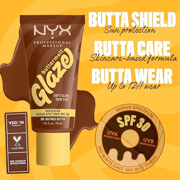 NYX PROFESSIONAL MAKEUP Buttermelt Glaze Soft Glow Skin Tint + SPF 30, Up To 12HR Wear, 08 Nutmeg Butta - Product Image