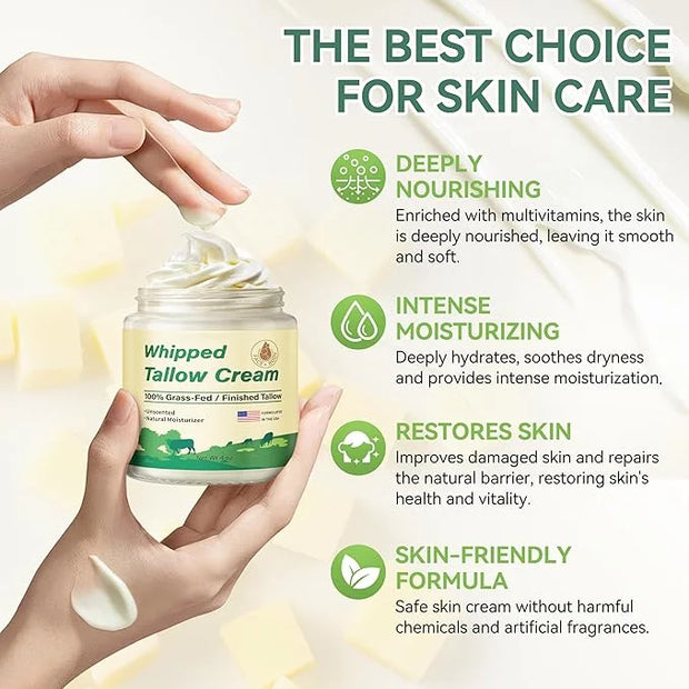 Beef Tallow for Skin, Organic Grass Fed Whipped Beef Tallow Moisturizer Deeply Nourishing for Face & Body, Natural Unscent...