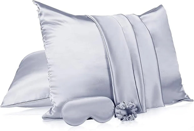 2 Pack Satin Pillowcase with Latent Zipper, Adjustable Satin Eye Mask for Sleeping and Satin Volume Scrunchie for Hair and...