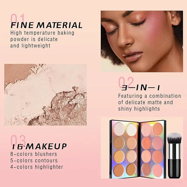 16 Colors Blush Contour Highlighter Makeup Palette, All-in-One Shimmer Silky Matte Mineral Blush Powder Face Sculpting Bro...