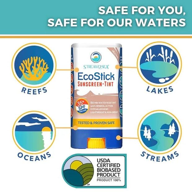 STREAM2SEA EcoStick SPF 35 Mineral Sunscreen Stick, Sweat Water Resistant Sunblock, USDA Approved Biodegradable Paraben Fr...
