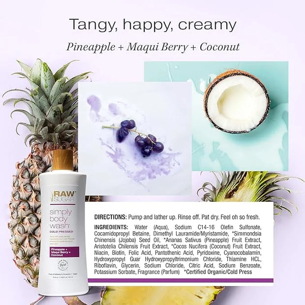RAW SUGAR Simply Body Wash - Pineapple + Maqui Berry + Coconut, Moisturizing & Brightening Bath & Shower Gel, Sulfate-Free...
