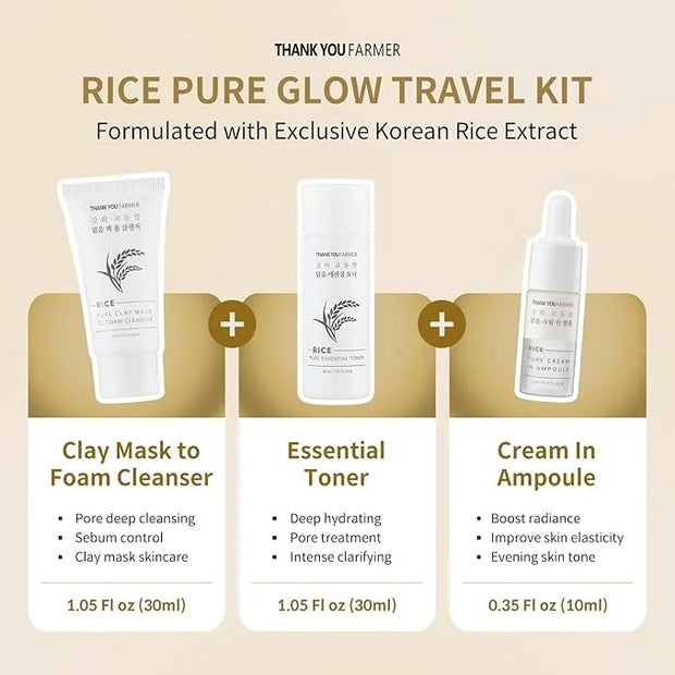 THANKYOU FARMER Rice Pure Glow Travel Kit, Mini Size Cleanser(1.05 fl oz), Mini Size Toner(1.05 fl oz), Mini Size Ampoule(...
