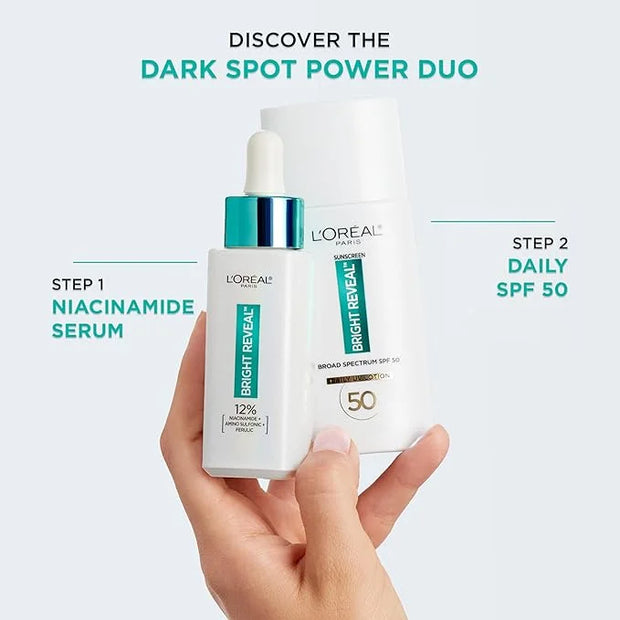 L’Oréal Paris Bright Reveal 12% [Niacinamide + Amino Sulfonic + Ferulic] Dark Spot Serum 1oz + Moisturizer Sample - Produc...