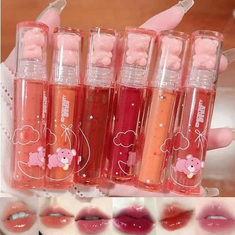 6 Colors Bear Lip Gloss Set, Lip Glaze Jelly Lipstick Liquid Lipstick Cute Bear Lipgloss Plumping Lip Tint Moisturizing Wa...