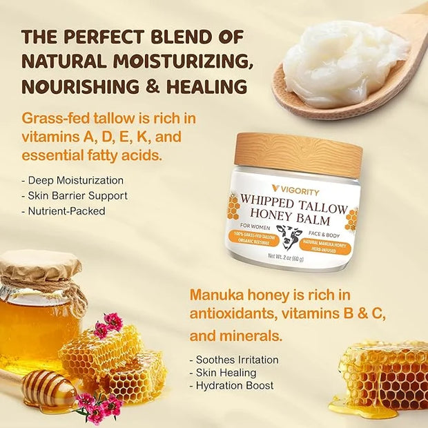 Vigority Beef Tallow and Honey Balm: Organic Grass Fed Whipped Beef Tallow for Skin - Beef Tallow Face Moisturizer Infused...