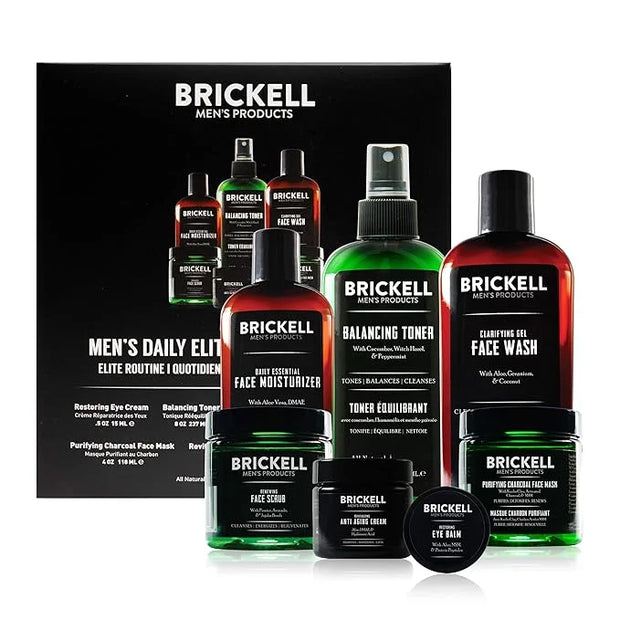 Brickell Men's Daily Elite Face Care Routine I, Toner, Gel Facial Wash, Face Scrub, Anti-Aging Night Cream, Eye Cream, Cha...