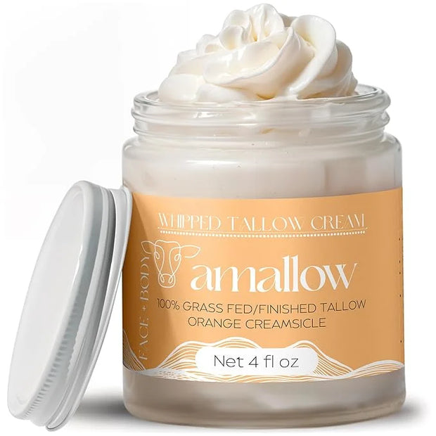100% Grass Fed Beef Tallow for Skin Care - Face + Body - Whipped Moisturizer - Natural Lotion, 4 FL. oz. (Orange Creamsicl...