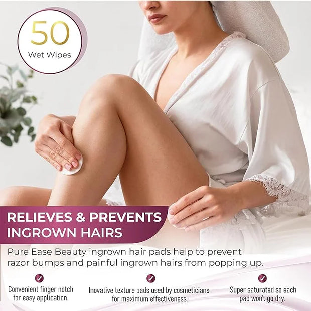 Ingrown Hair Treatment & Exfoliating Pads – 50 Pre-Soaked Wipes for Razor Bumps Treatment for Women – Skin-Smoothing Formu...