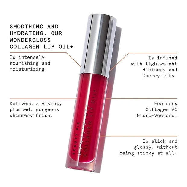 Beauty Pie Wondergloss Collagen Lip Oil + (Cherryo) – Hydrating, Plumping, Non-Sticky Gloss with Collagen AC Micro-Vectors...
