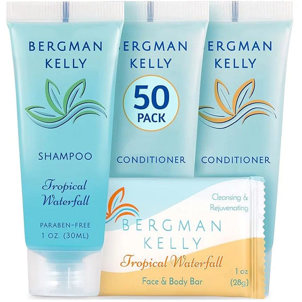 BERGMAN KELLY Rectangular Hotel Soap Bars, Shampoo & Conditioner 3-Piece Set (1 oz each, 150 pc, Tropical Waterfall), Deli...
